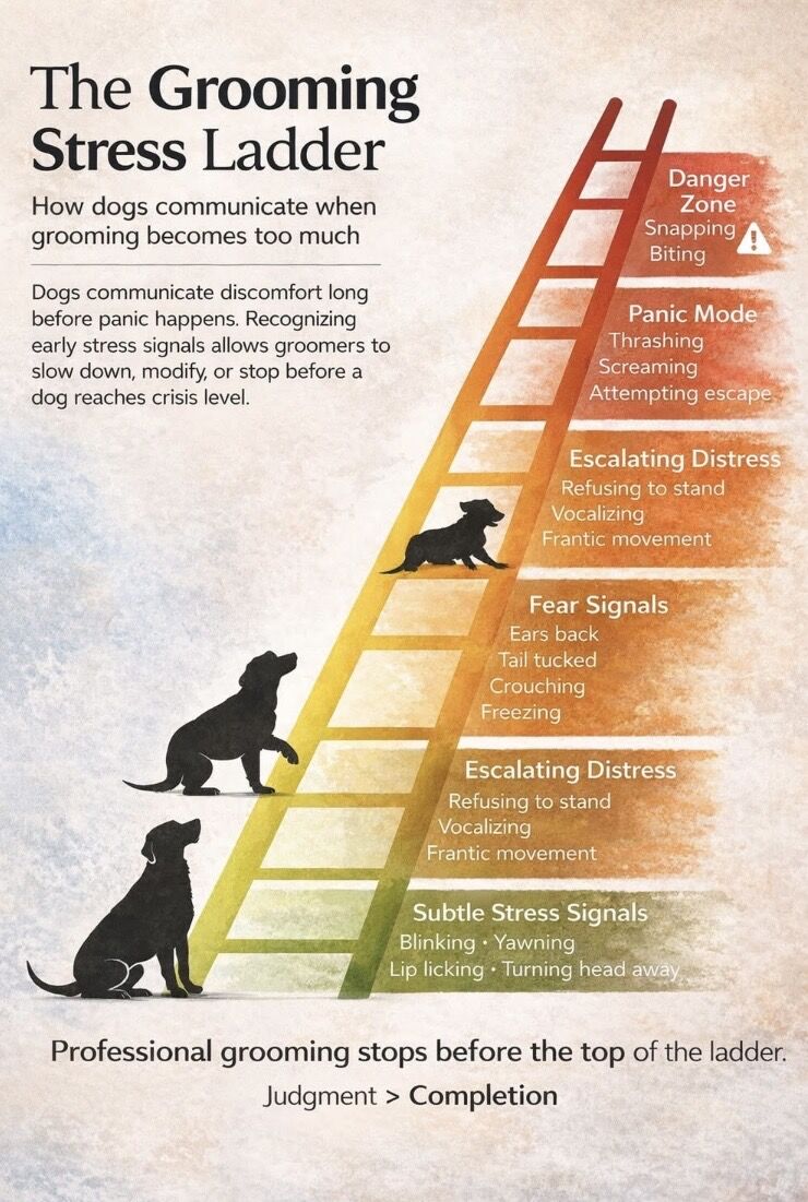 The Grooming Stress Ladder — how dogs communicate when grooming becomes too much